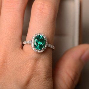 NEW Silver Emerald Diamond Halo Oval Cut Ring